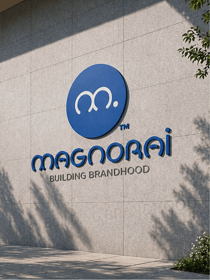 Magnorai Branding on physical concrete textured wall with realistic leaf shadow overlays